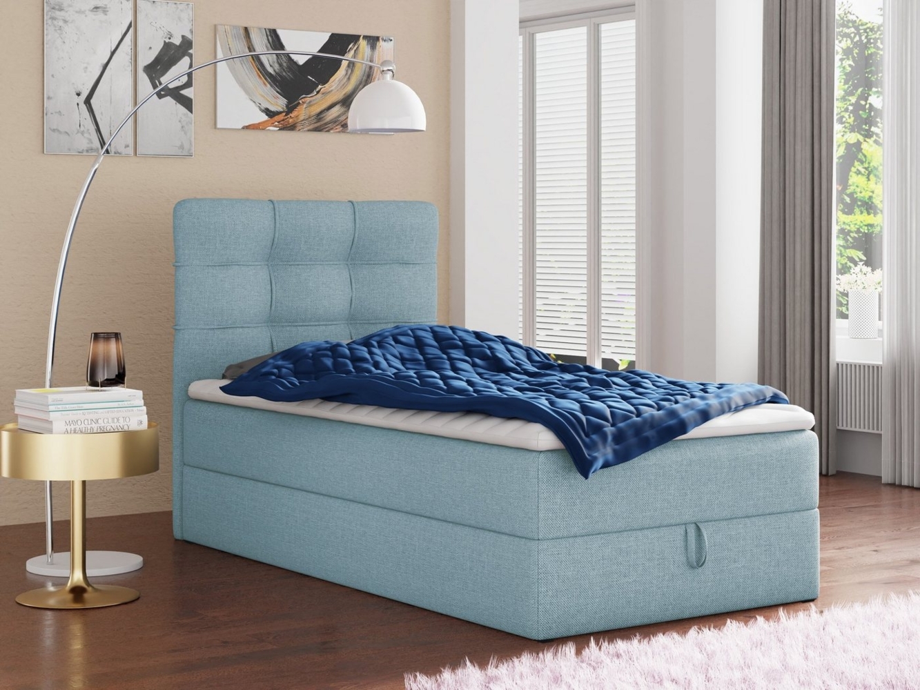 Boxspringbett Best Mini mit Bettkasten und Matratzentopper - Einzelbett mit Bonell-Matratze und Topper, Polsterbett, Bett, Schlafzimmer (Blau (Vidar 83), 80 x 200 cm) Bild 1