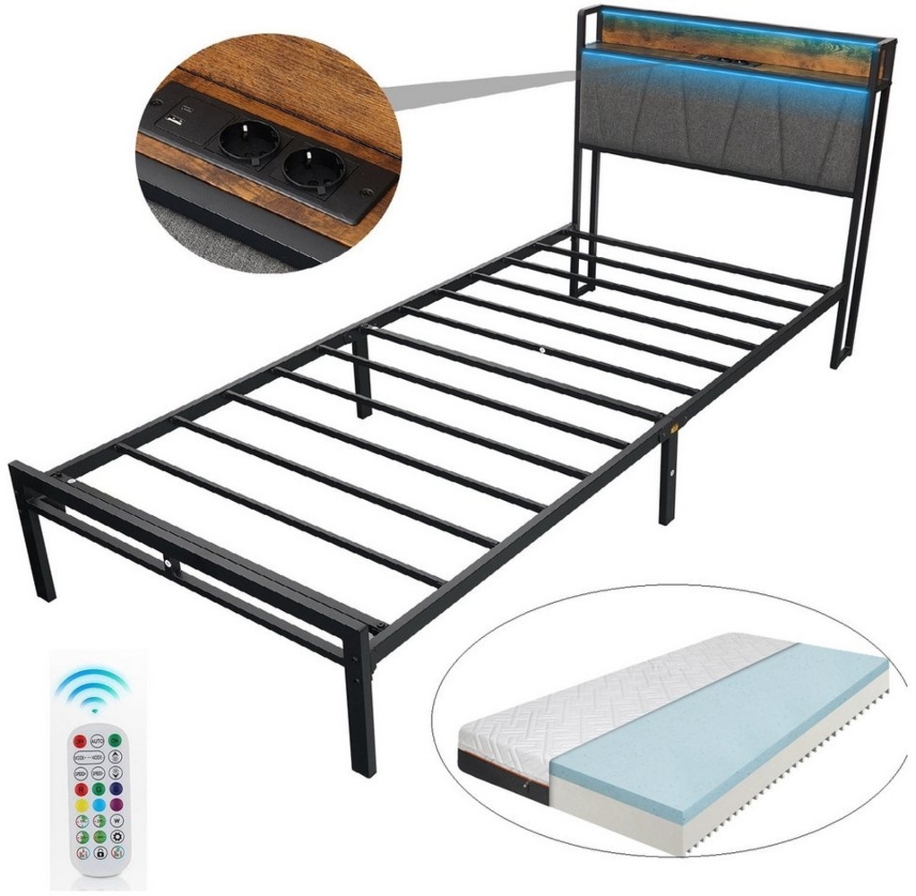 DOPWii Bettgestell Bettgestell,90x200/140x200 cm,Einzel-/Doppelbett,Jugendbett,betten (Jugendbett *1), Metallbett mit Polsterkopfteil,LED,Steckdose Anschlüssen,USB & Typ-C Bild 1