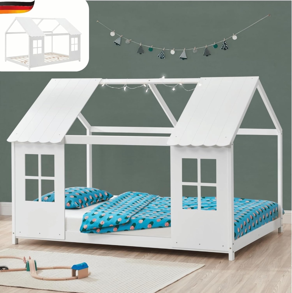 DELUKE® Kinderbett 120x200 GELO - mit Lattenrost Rausfallschutz Haus-OptikEinzelbett aus Holz Hausbett Kinderzimmer Montessori Bett Weiß Bild 1