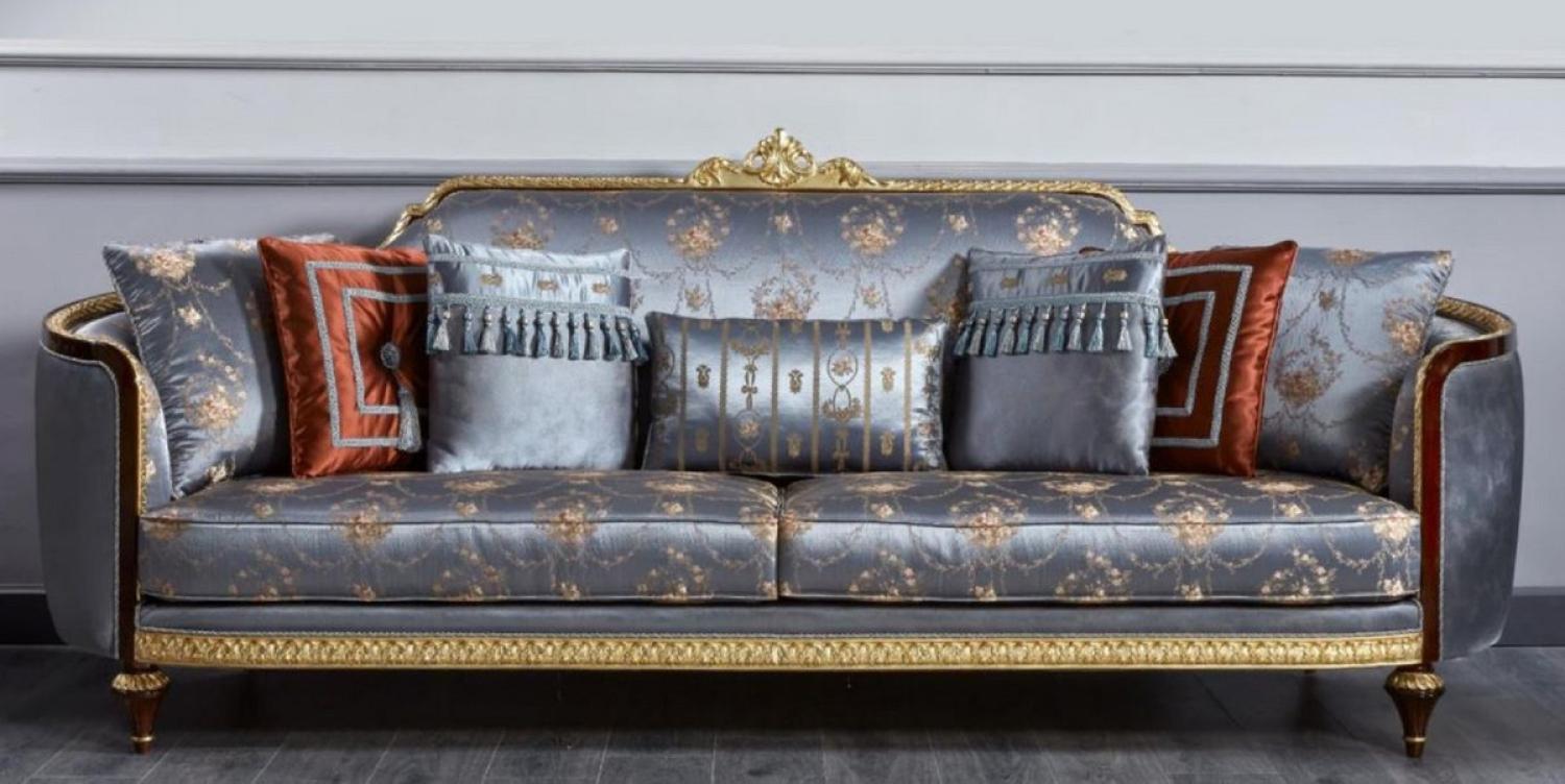 Casa Padrino Luxus Barock Sofa Blau / Dunkelbraun / Gold - Prunkvolles Wohnzimmer Sofa - Barockstil Wohnzimmer Möbel - Luxus Möbel im Barockstil - Barock Einrichtung - Edel & Prunkvoll Bild 1