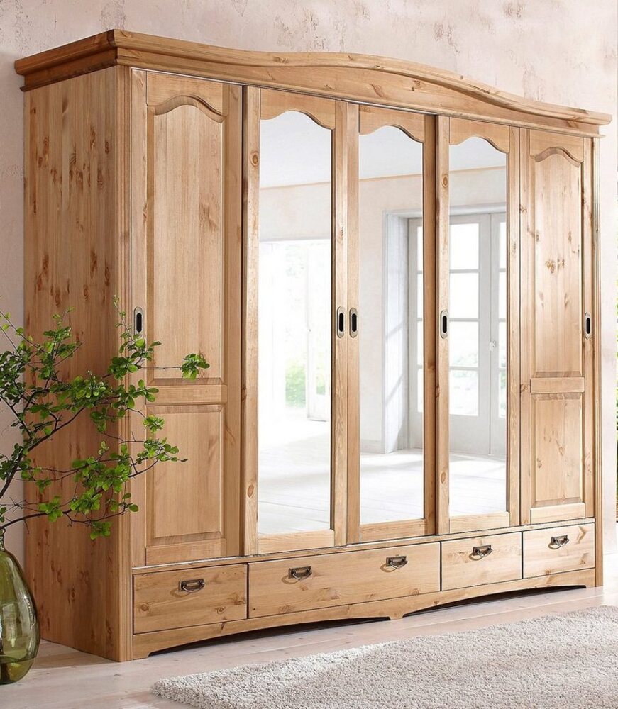 Home affaire Schiebetürenschrank Konrad, Landhausstil, rustikal, mit Schubladen + Spiegel, Kassetten massive Kiefer, FSC®-zertifiziert, Messinggriffe, mehrere Varianten Bild 1