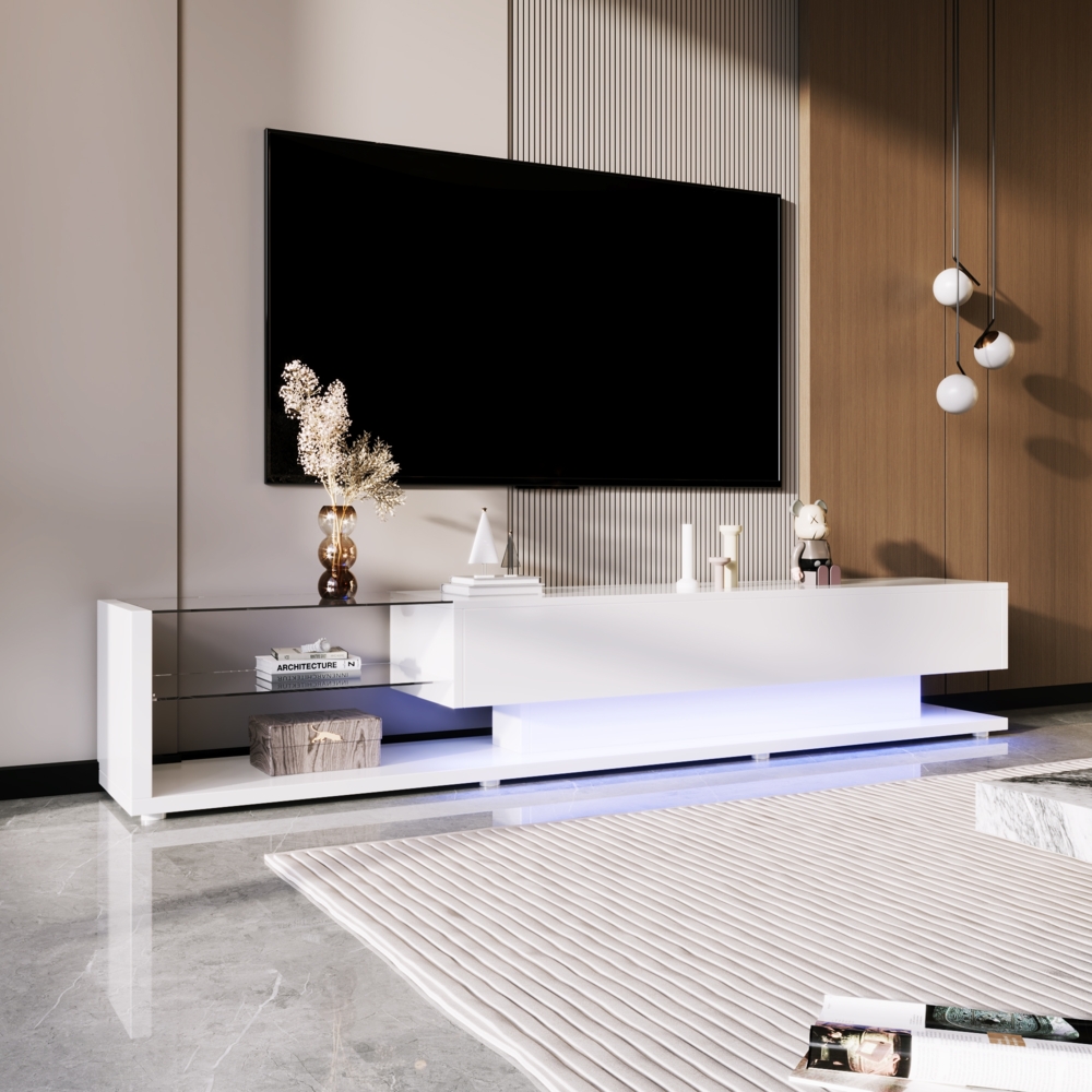 TV-Schrank 170 cm Weiß Hochglanz mit LED-Beleuchtung, modernes Lowboard mit 2 Schubladen und 2 Glasregalen Bild 1