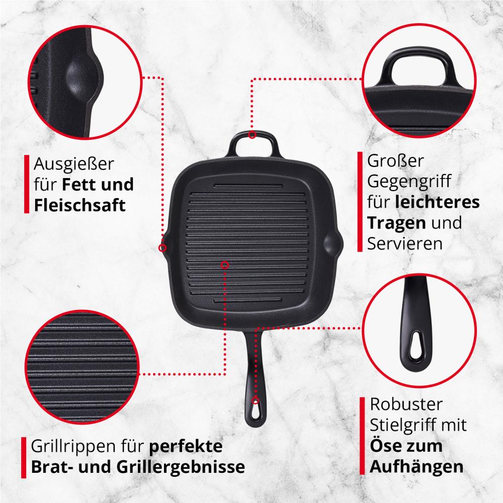 MEISTERKOCH Premium Grillpfanne | 26 x 26 cm, 2,5 l Volumen | Profi-Pfanne aus emailliertem Gusseisen induktionsgeeignet, spülmaschinengeeignet | für alle Herdarten und Ofen geeignet Bild 1