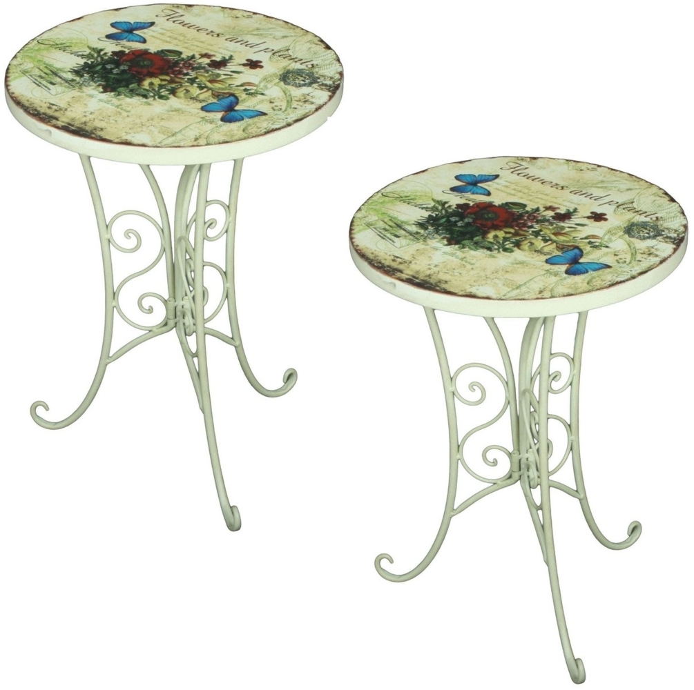 2er Set Beistelltisch FLORAL Garten Balkon Tisch rund Shabby Vintage Stil weiß Bild 1