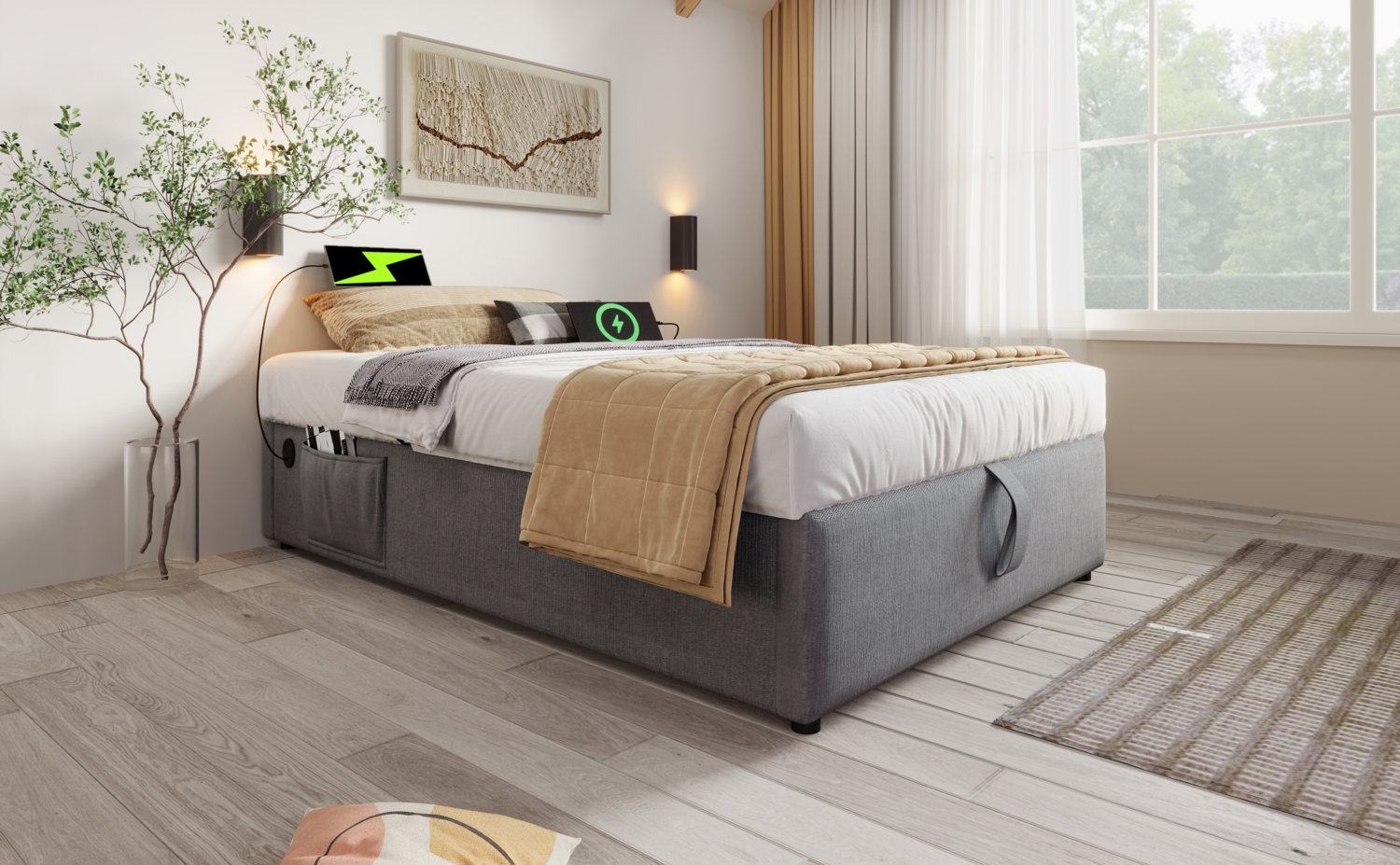 Bett 90x200 cm mit Bettkasten und USB-/Type-C-Anschlüssen, Leinenbezug in Grau Bild 1