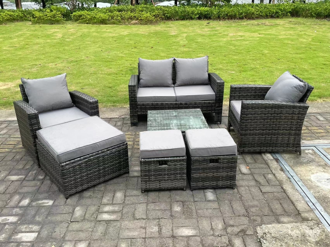 Fimous 7-Sitzer Dunkelgrau Gemischt Hoher Rücken Rattan Sofa Set mit Quadratisch Couchtisch 3 Hocker Gartenmöbel im Freien Bild 1