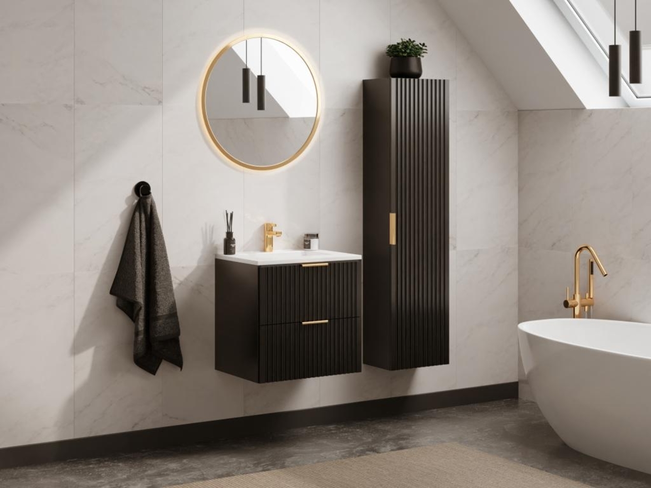 Vente-unique - Waschbeckenunterschrank mit Einbauwaschbecken & Badhochschrank - Streifenoptik - Schwarz - 60 cm - ZEVARA Bild 1