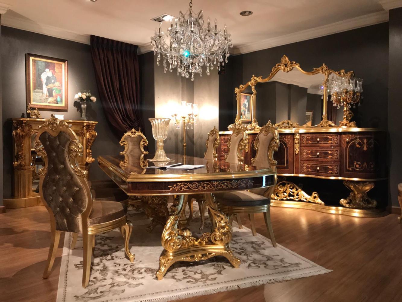 Casa Padrino Luxus Barock Esszimmer Set Braun / Antik Gold - 1 Esstisch & 8 Esszimmerstühle - Esszimmer Möbel im Barockstil - Edel & Prunkvoll Bild 1