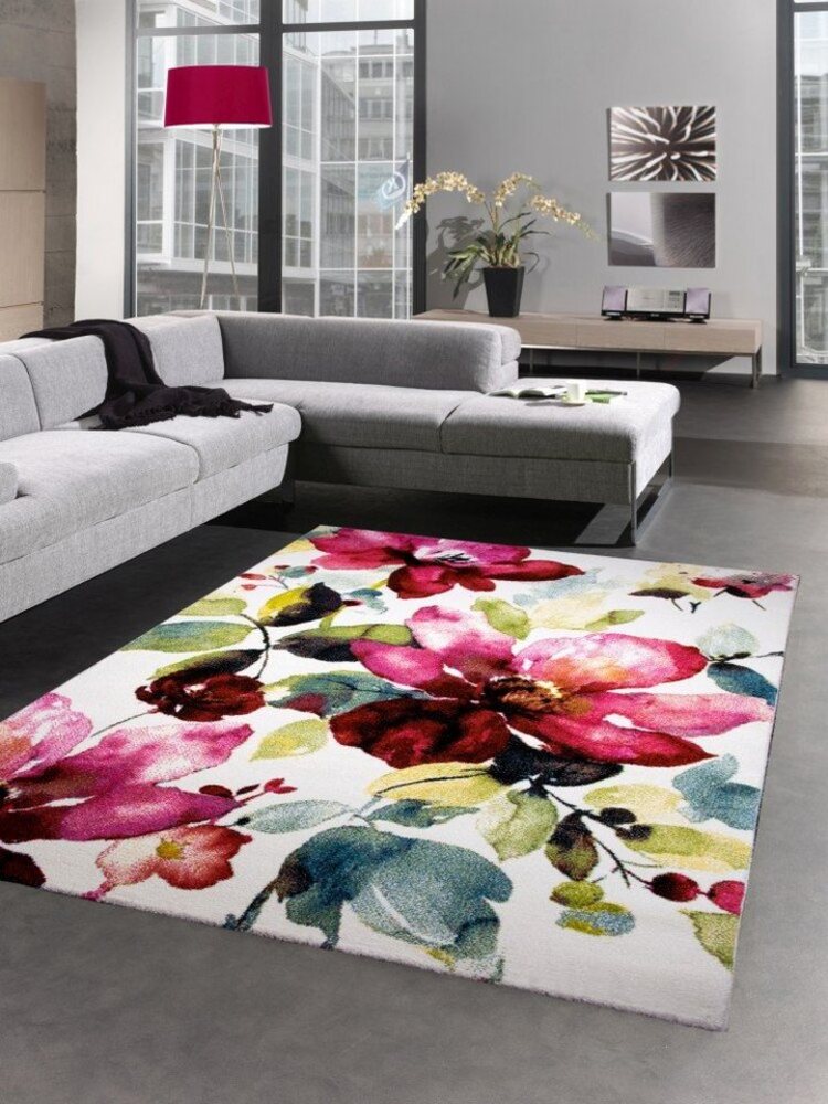 Carpetia Teppich Wonhzimmerteppich Modern Kurzflor Blumen Blüten bunt rot grün türkis, rechteckig, Höhe: 13 mm Bild 1