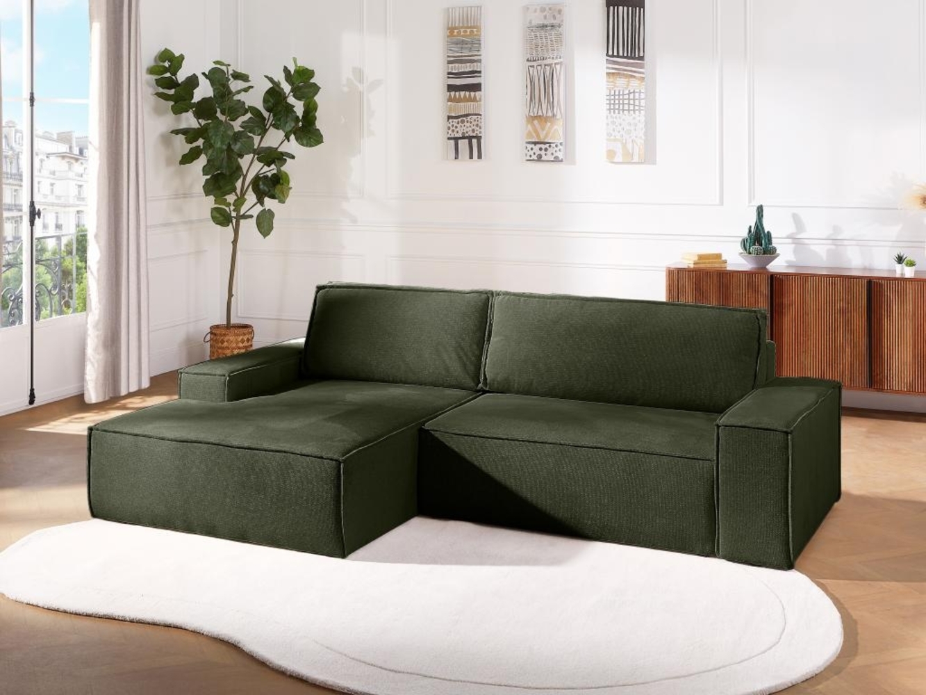 Vente-unique - Ecksofa mit Schlaffunktion - Ecke links - Strukturstoff - Grün - AMELIA Bild 1