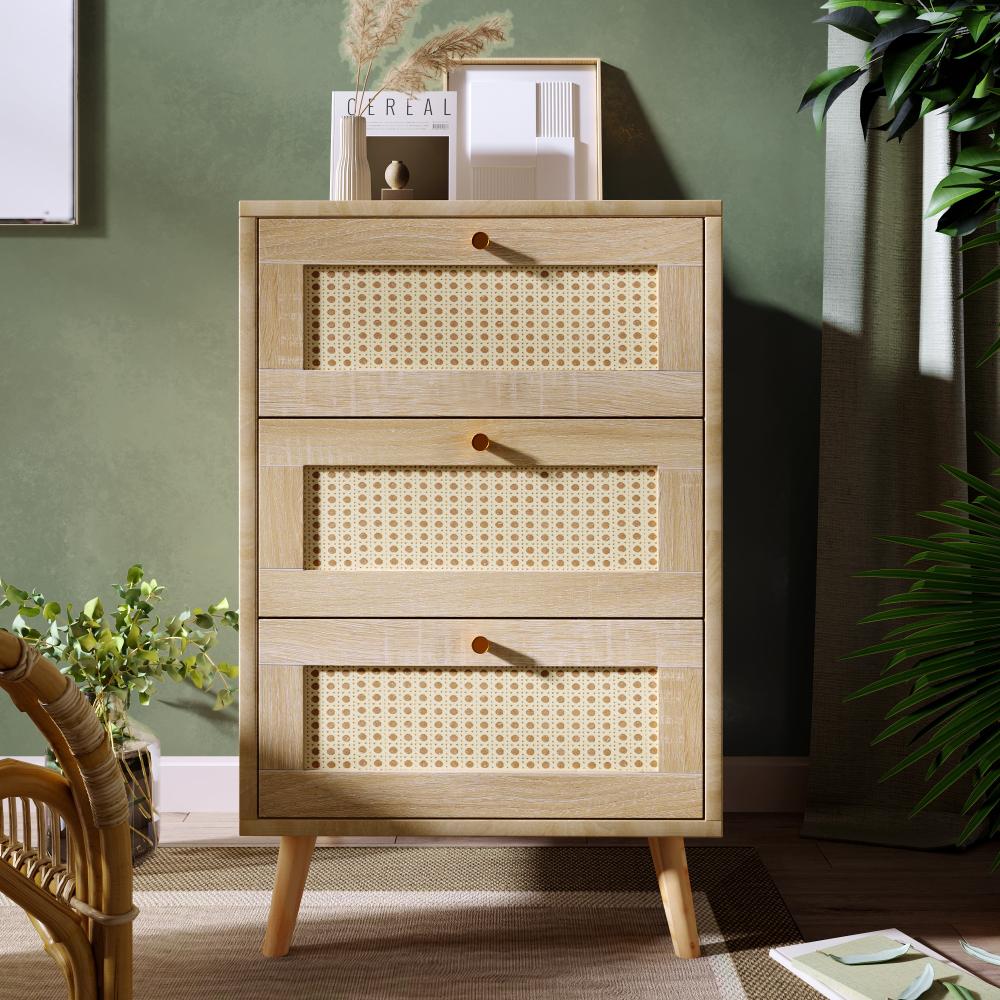 Merax Schubladenkommode Kommode mit 3 Schubladen, Sideboard Highboard für Schlafzimmer & alle Wohnräume , Eiche -H79.5/B48.6/T48.5 cm Bild 1