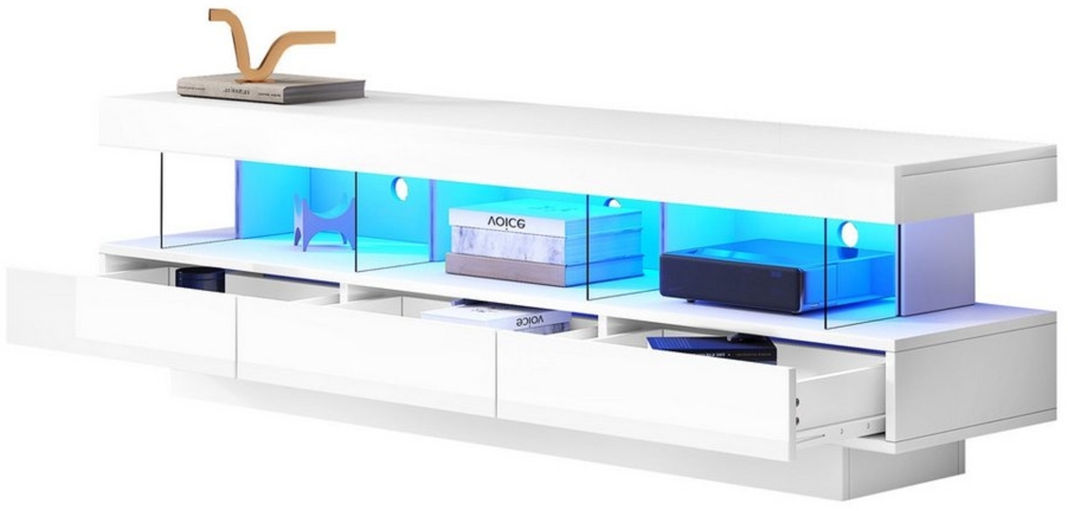 REDOM Lowboard TV-Schrank (Hochglanz-TV-Ständer, 1 St, für 70-Zoll-Fernseher), mit 3 Glasfächern,LED-Beleuchtung,App-Steuerung,Bluetooth-verbunden Bild 1