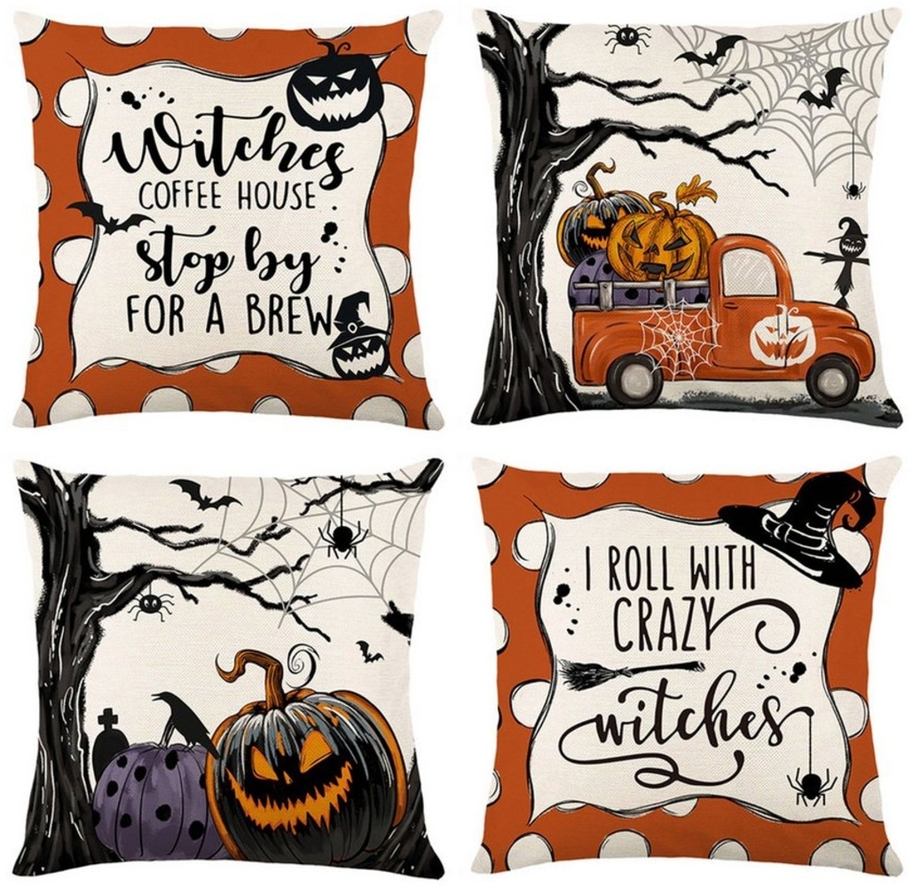 Qelus Kissenbezüge Halloween Deko Kissenbezüge 45x45cm 4er Set für Home Sofa Schlafzimmer Bild 1