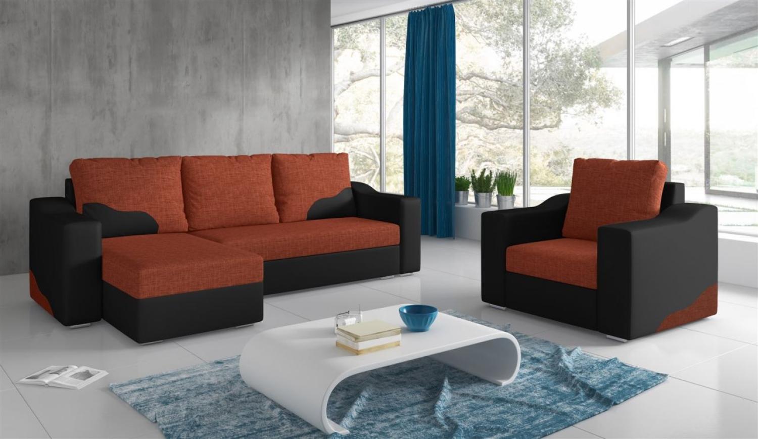 Ecksofa Set COLLIN Ottomane Links + Sessel Schwarz / Dunkelorange Bild 1