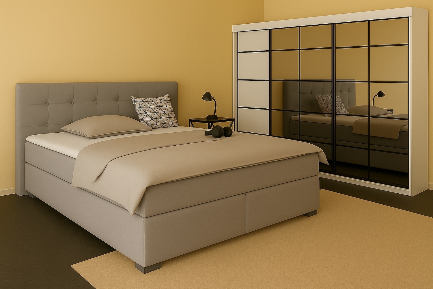 Boxspringbett TOM 200x200 cm mit Matratze und gepolstertem Kopfteil. Farbe Dunkelgrau Bild 1