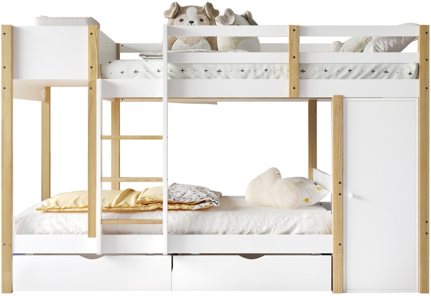 SeedWave Etagenbett Modernes Etagenbett mit 2 Körben, 2 Schubfächern, 1 Schrank, 90x200cm, Für 2 Kinder, Leiter mit 3 Stufen, Schubladen mit Rollen Bild 1