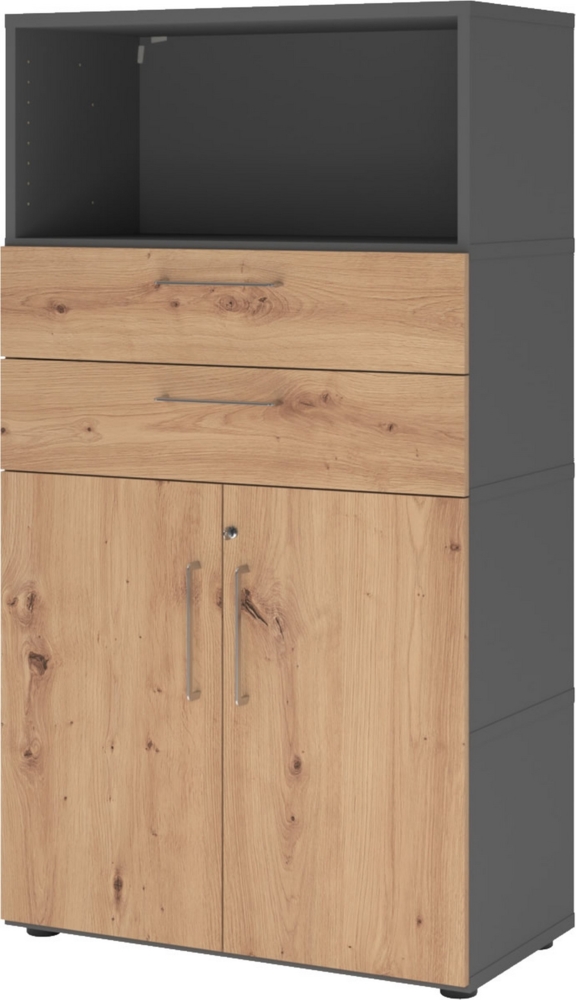 bümö flexi Aktenschrank abschließbar mit Flügeltüren & 2 Schubladen in Graphit/Asteiche, Büroschrank mit werkzeuglosem Schnellmontage-Klicksysten in modularer Bauweise, FW48K2KG-G-R-BS Bild 1