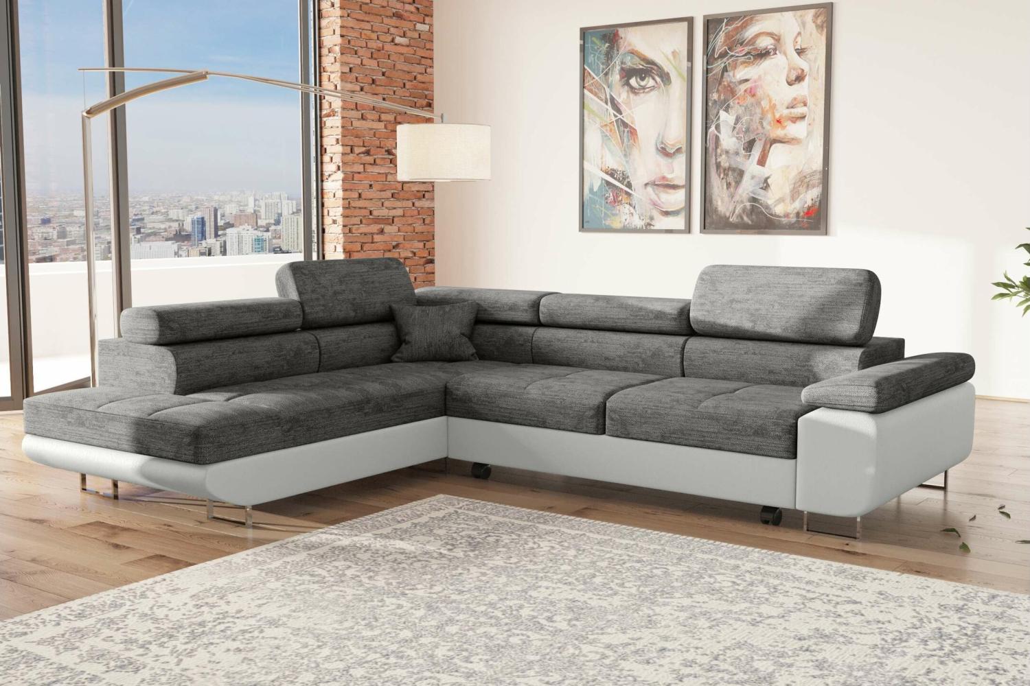 Stylefy Marokko Ecksofa Grau Weiß Strukturstoff BERLIN Kunstleder MADRYT Links Bild 1