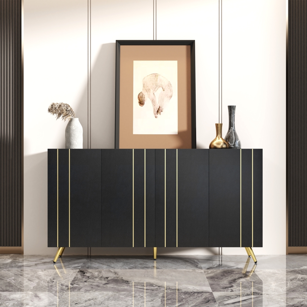 Merax Sideboard Beistellschrank, Hochschrank mit verstellbaren Einlegeböden und goldfarbenen Metallstreifen, Schwarz und gold Bild 1