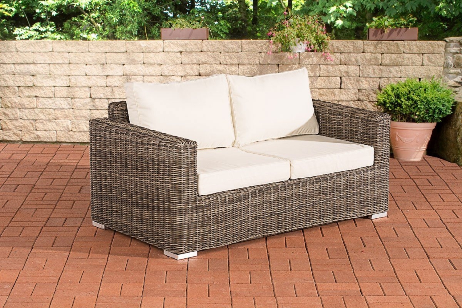CLP Polyrattan 2er Sofa Madeira / Bilbao 5 mm,grau-meliert cremeweiß Bild 1