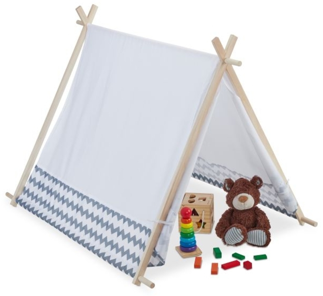 Relaxdays 10035301 Tipi Zelt für Kinder, mit Fenster, Kinderzimmer Zelt, Wigwam Kinderzelt, HxBxT: 92 x 92 x 120 cm, weiß-grau Bild 1