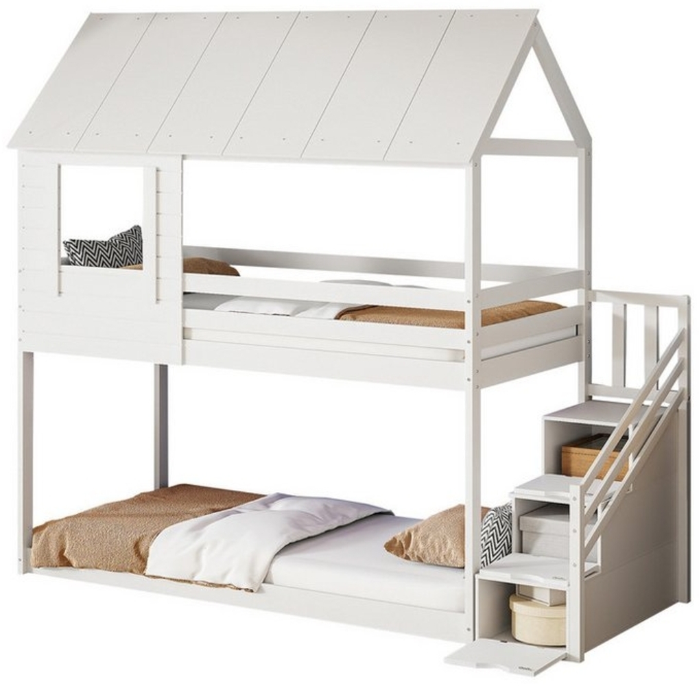 REDOM Etagenbett Kinderbett Sicherheitstreppe mit mehreren Ablagefächern,Hausbett (Dachkonstruktion Lattenrost, 90x200 cm), ohne Matratze Bild 1