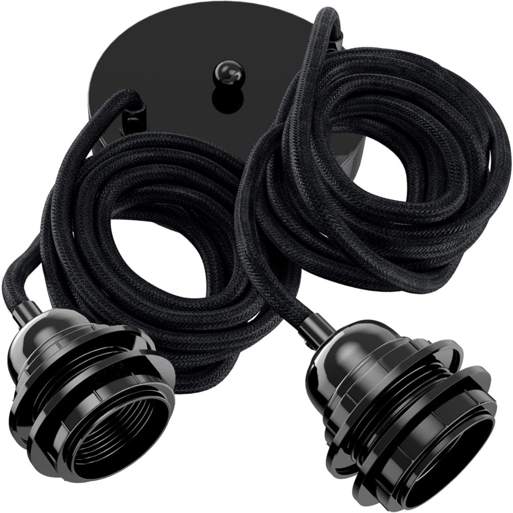 HOOPZI - Pendelleuchte - Hang 2 Flammig - 2,5m Textilkabel Seil - 2 X E27 Fassung - Vintage Retro schwarz Bild 1