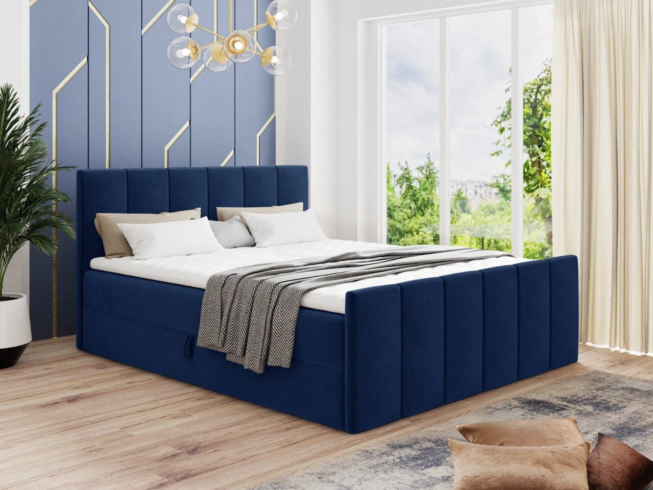 Boxspringbett Star Lux mit Fußteil, 2 Bettkästen und Matratzentopper - Doppelbett mit Topper, Bonell-Matratze, Polsterbett, Bett (Dunkelblau (Kronos 09), 160 x 200 cm) Bild 1