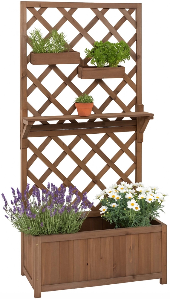 Hochbeet HWC-P68, Pflanz-/Blumenkasten Rankgitter Rankhilfe Ablage Hängekästen Holz MVG 135x70x30cm ~ braun Bild 1