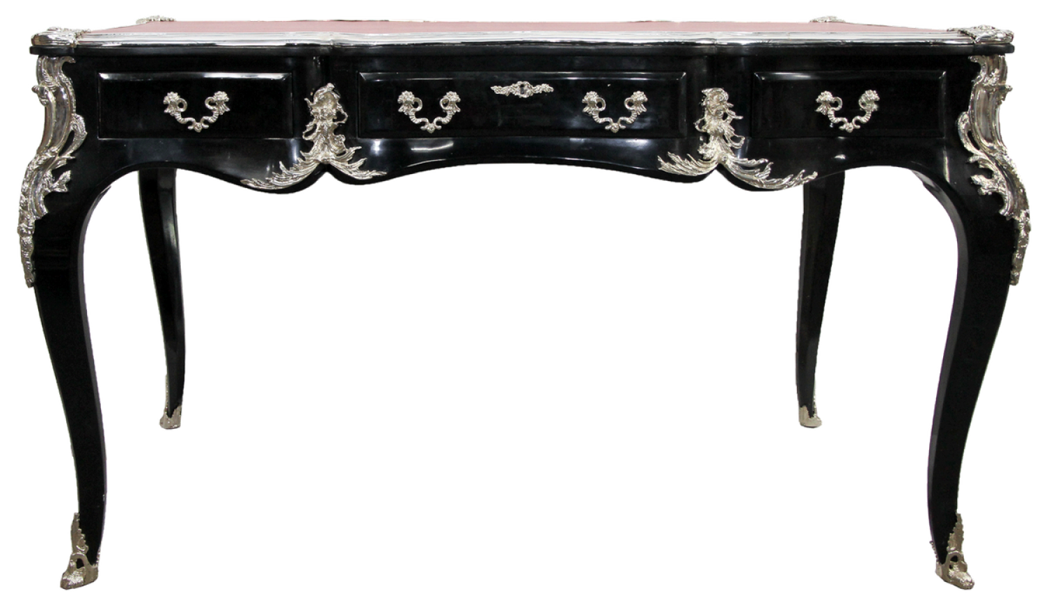 Casa Padrino Luxus Barock Schreibtisch mit 3 Schubladen und massiven Metallapplikation Schwarz / Silber / Bordeaux 141 x 65 x H. 80 cm - Barock Büromöbel Sekretär Bild 1