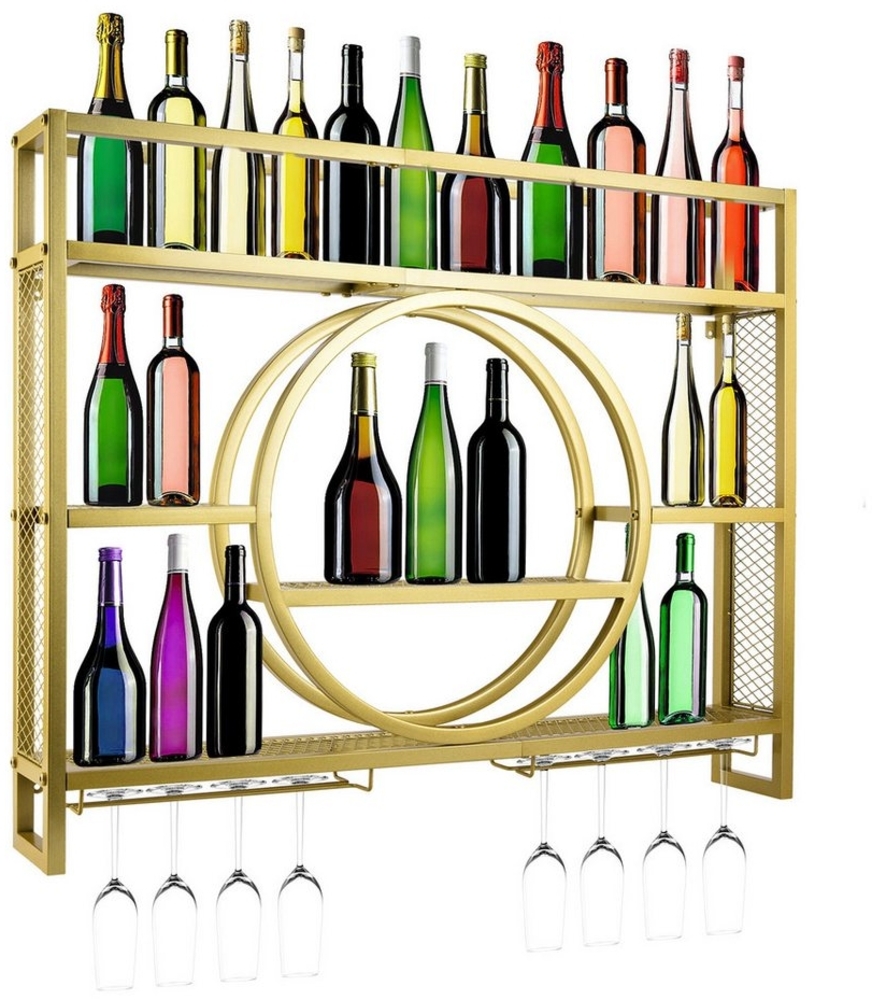 XERSEK Weinregal Wandmontage Metal Glasregal 100x80x15cm Weinhalter mit Regalen Gold, Eisen Display Stand, Max. 50KG, 30 Flaschen Wein Bild 1