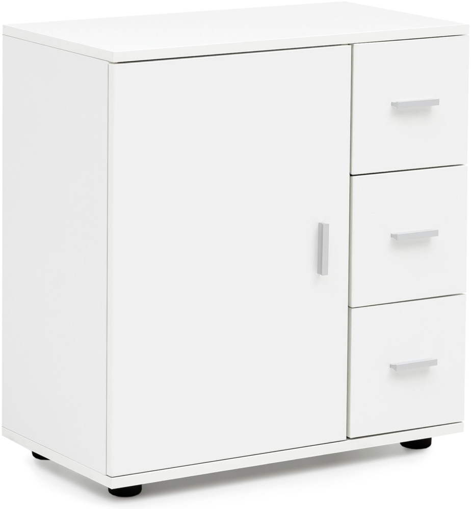 Badschrank WL5.877 Weiß 60 x 65,5 x 33 cm Midi-Schrank mit Tür & Schubladen, Kleiner Beistellschrank Matt, Badregal Schmal Freistehend Badezimmerkommode, Badmöbel Badezimmermöbel Bild 1