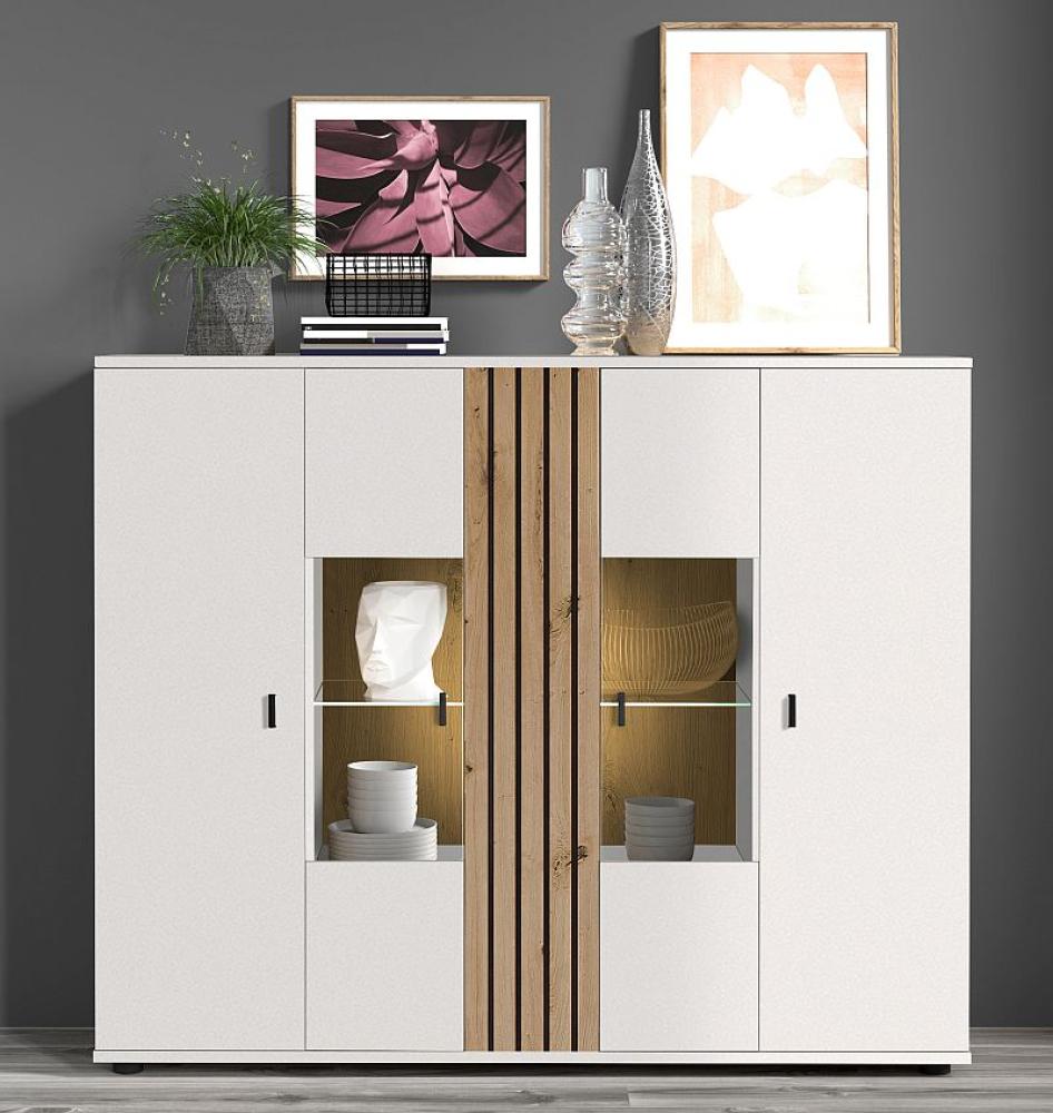 BARLET 081 Highboard/Front:Weiss/Dekor Lamellen Artisan Eiche/Korpus:Weiss Bild 1