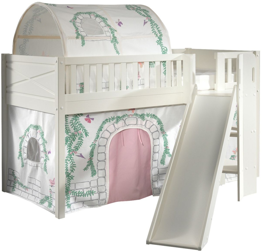 Kinderbett mit Rutsche Karyl Massivholz Weiß Textilset Birdy 2 Bild 1