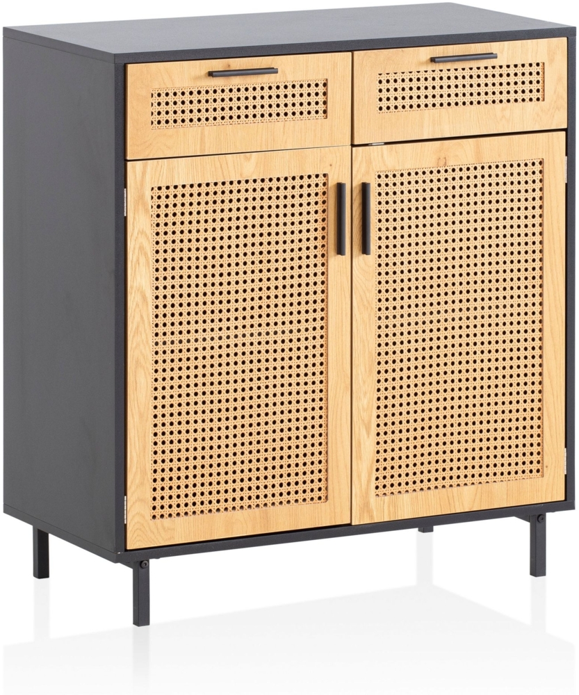 Sideboard 80x86,5x40 cm Kommode Schwarz mit Wiener Geflecht, Hoher Kommodenschrank Zeitlos, Standschrank Wohnzimmer mit 2 Türen und Schubladen, Anrichte Rattan Bild 1