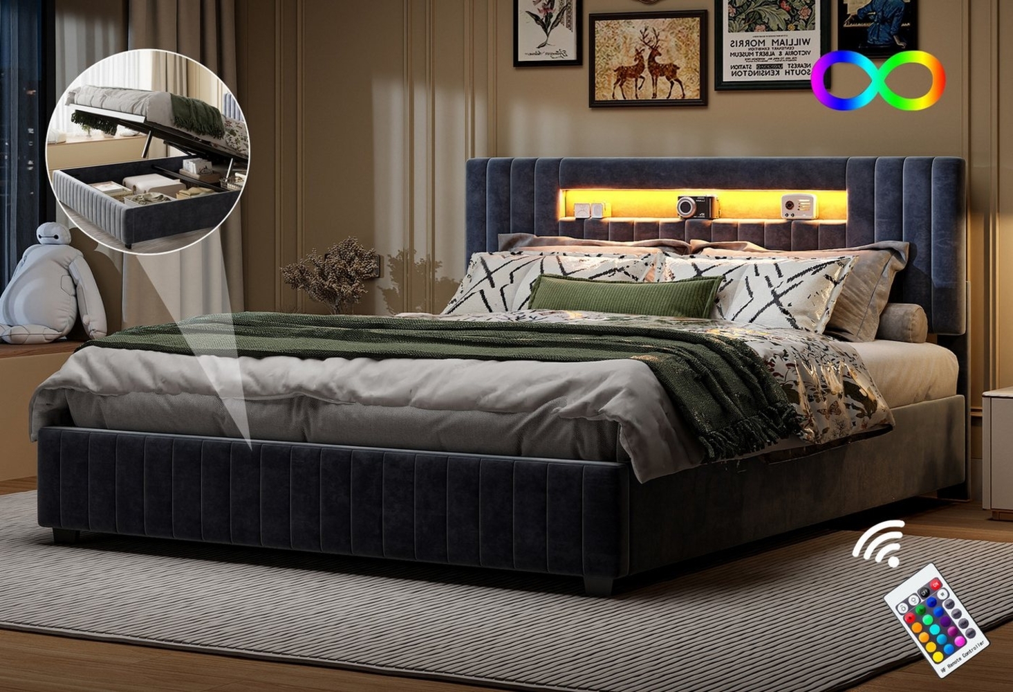 FUROKOY Stauraumbett Doppelbett Polsterbett mit Lattenrost und hydraulischen Stützen, 140x200 cm,LED-Beleuchtung,Stauraum,Gepolstert,Material Samt,Grau Bild 1