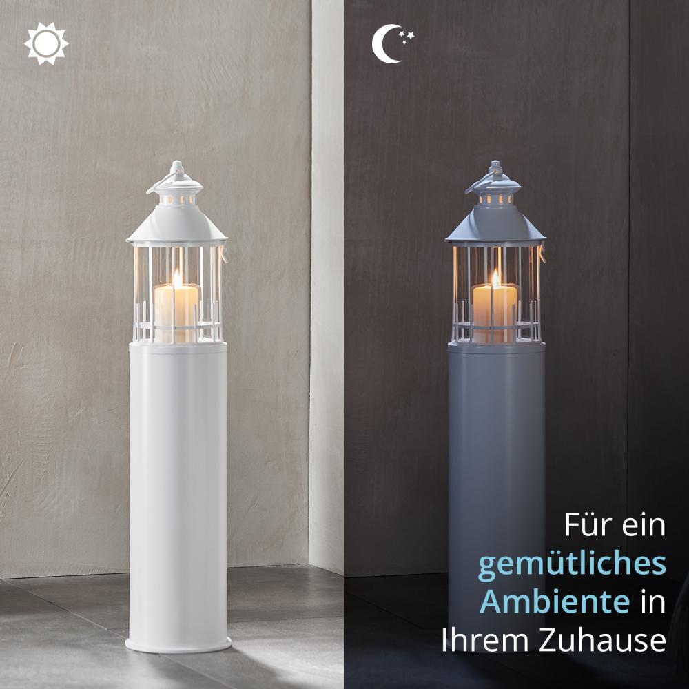 KHG Laterne Leuchtturm 72 cm mit Kerze aus Metall/Glas in weiß, Kerzenständer, Kerzenhalter, Outdoor und Indoor, Deko, Glaseinsatz, für Wohnzimmer, Balkon, Terrasse, Garten usw. Bild 1