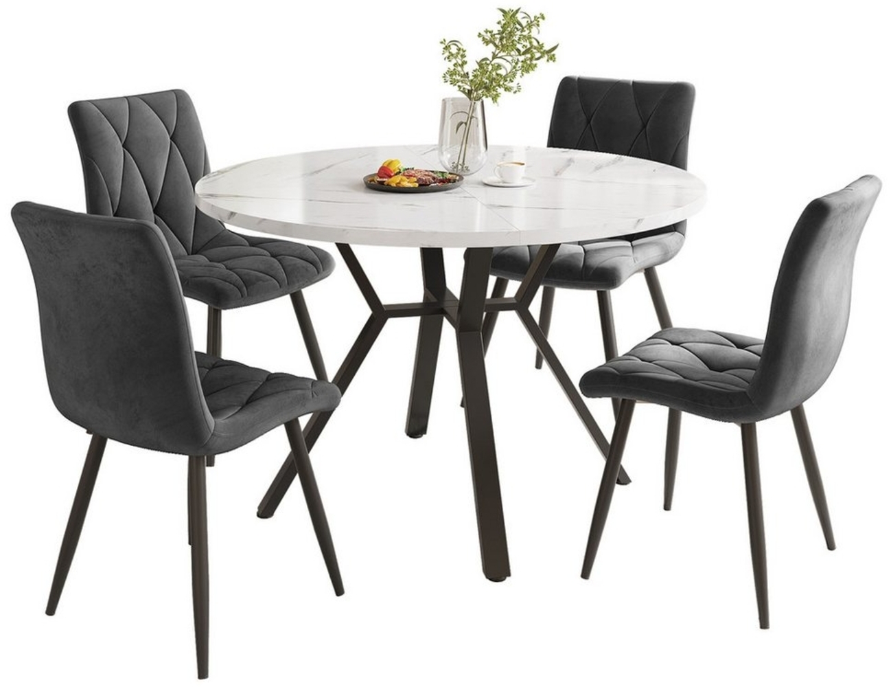 MODFU Essgruppe Sitzgruppe Set, (Esstisch- und Stuhlset, 5-tlg, 1 Tisch mit 4 Stühlen), rundes Esstisch mit Marmormusterarbeitsplatte Bild 1