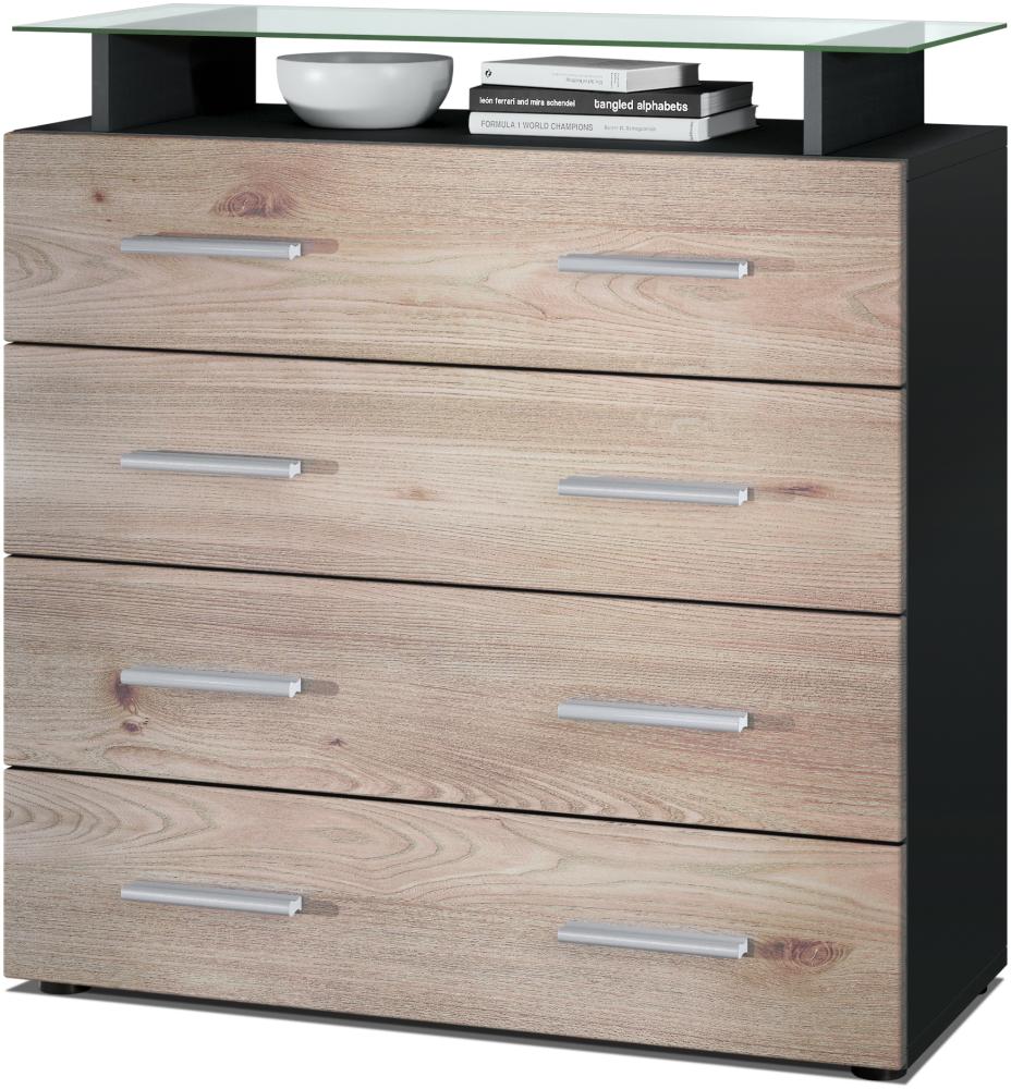 Vladon Sideboard Pavos V2, Kommode mit 4 Schubladen und Glasablage, Schwarz matt/Eiche Nordic (76 x 81 x 35 cm) Bild 1