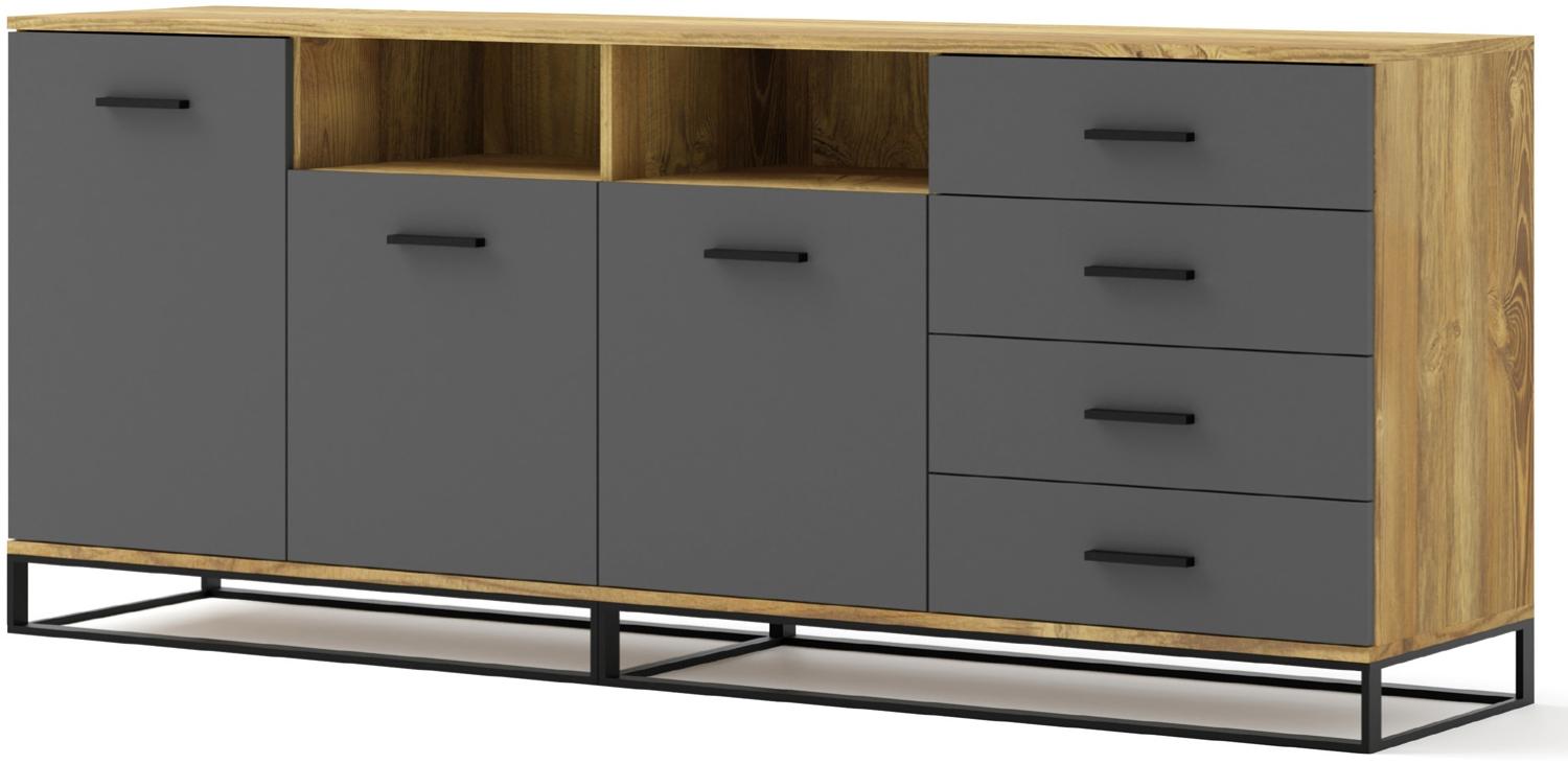 Domando Sideboard Malcesine Modern Breite 190cm, pulverbeschichtetes Metallgestell in Raucheiche und Graphit Matt Bild 1