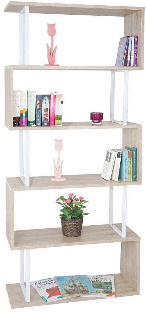 Bücherregal HWC-A27, Standregal Wohnregal, 183x80cm 3D-Struktur 5 Ebenen ~ Eiche-Optik, Metall weiß Bild 1