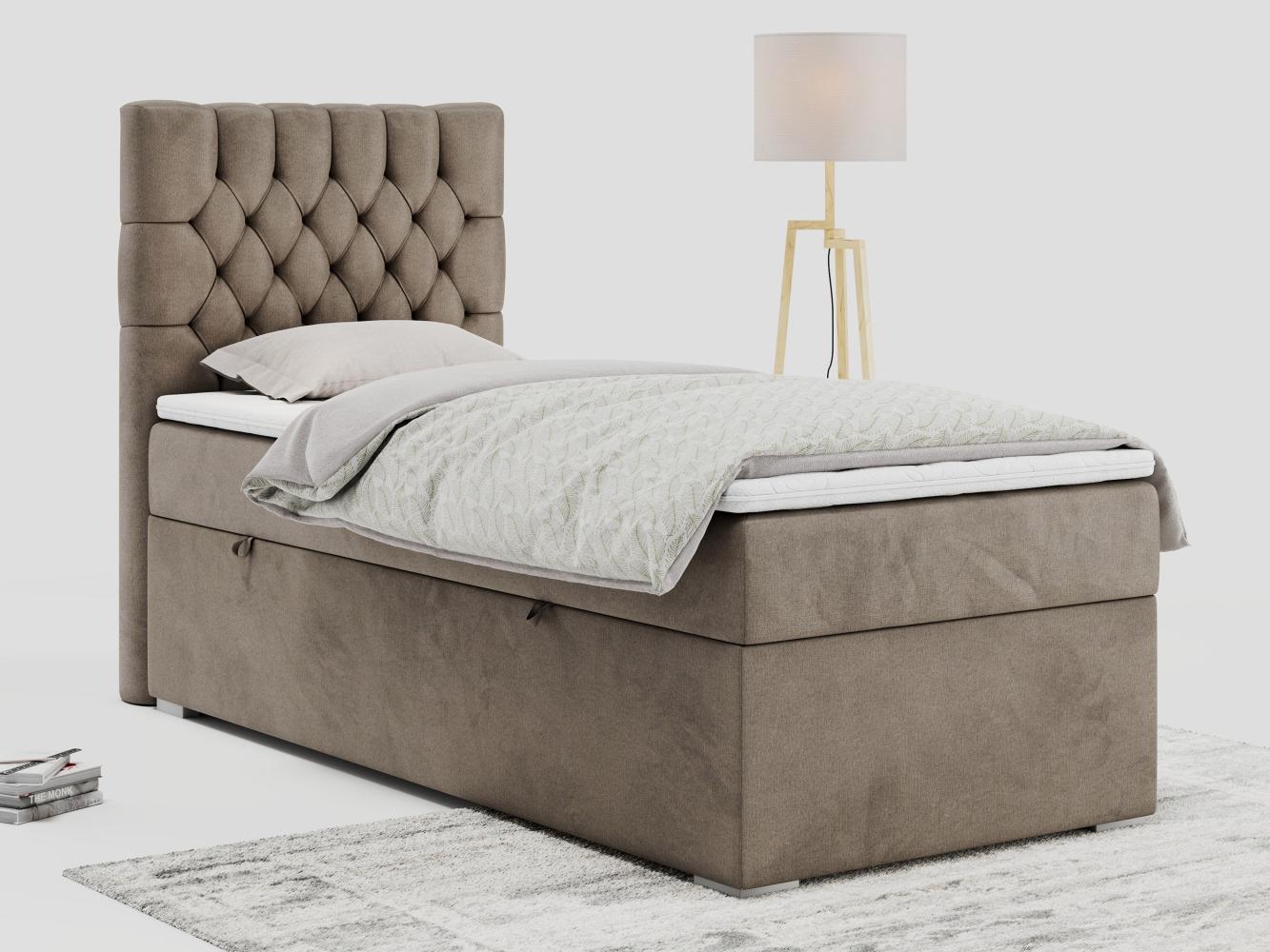 Boxspringbett PERA, Polsterbett mit Kopfstütze, gepolsterte Kopfstütze, Einzelbett, 90x200 - Braun Velours - links - H4 Bild 1