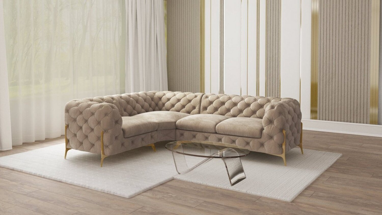 S-Style Möbel Ecksofa Chesterfield Ashley mit Goldene Metall Füßen, Die Eckeinheit kann entweder rechts- oder linkshändig sein, mit Wellenfederung Bild 1