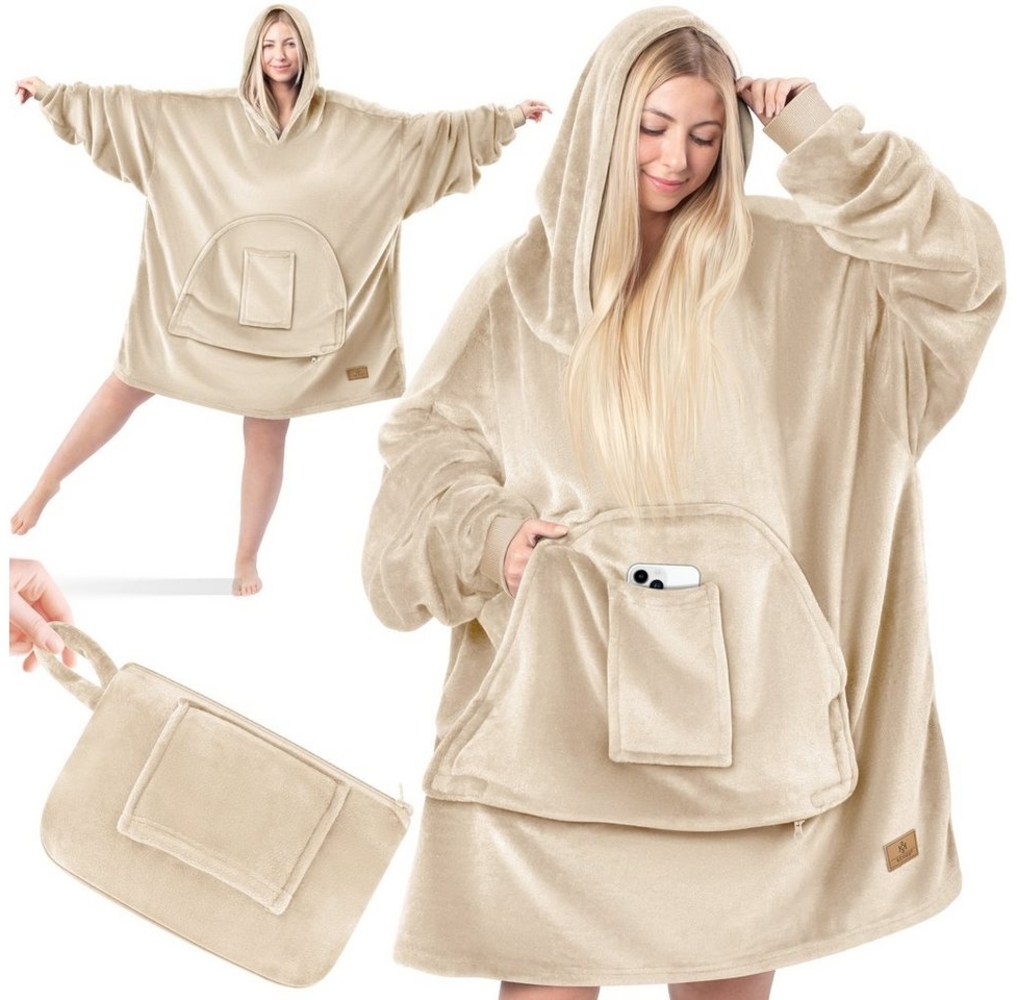 KESSER® Hoodie Decke Kuscheldecke mit Ärmeln Deckenpullover Vielseitig Tragbare Decke zum Anziehen für Damen & Herren, Sweatshirt Warm Kuschelpullover Erwachsene weich Ärmeldecke Oversize Beige Bild 1