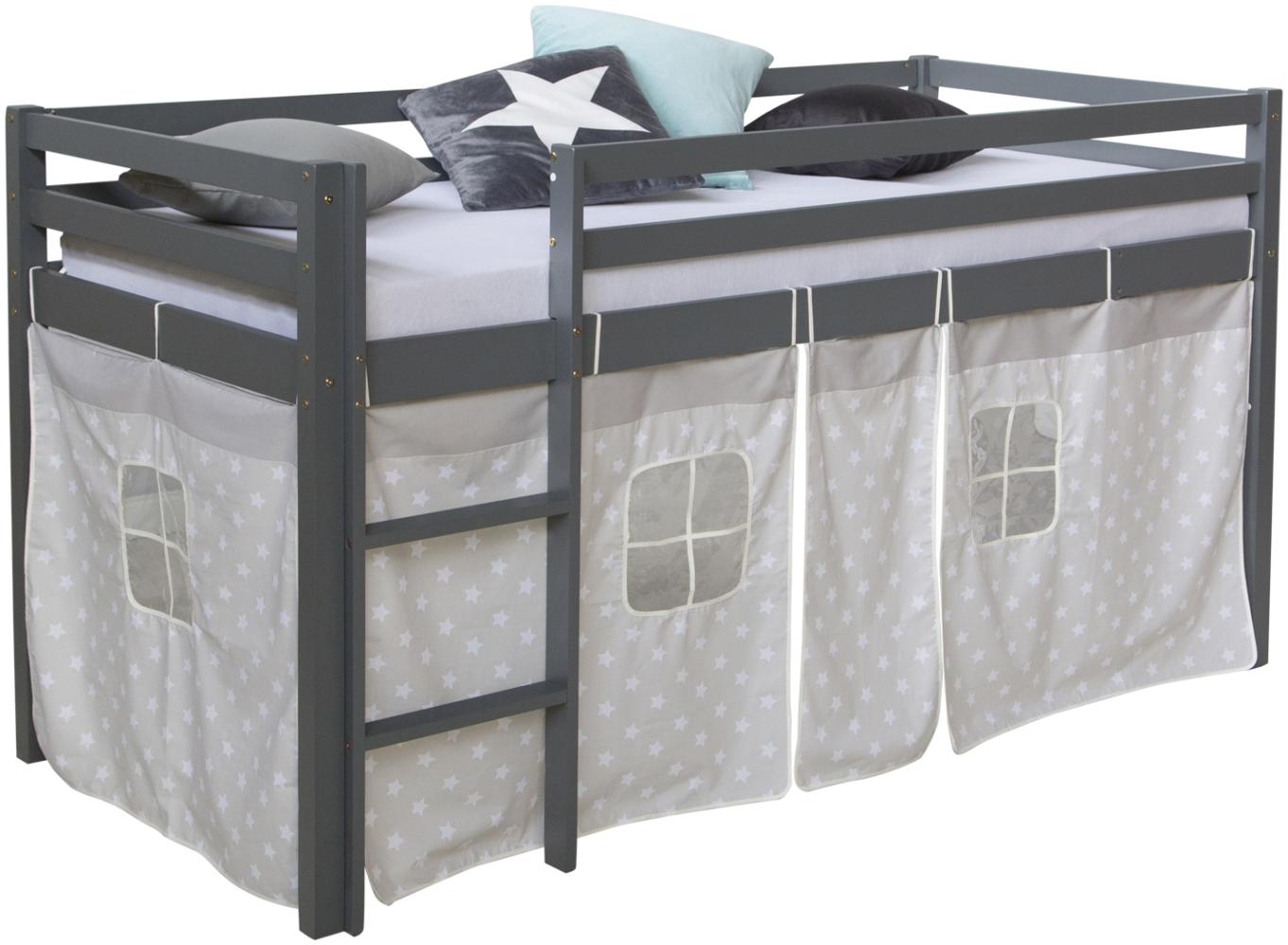 Hochbett Spielbett Kinderbett Kiefer Leiter Vorhang grau 90x200 Bild 1