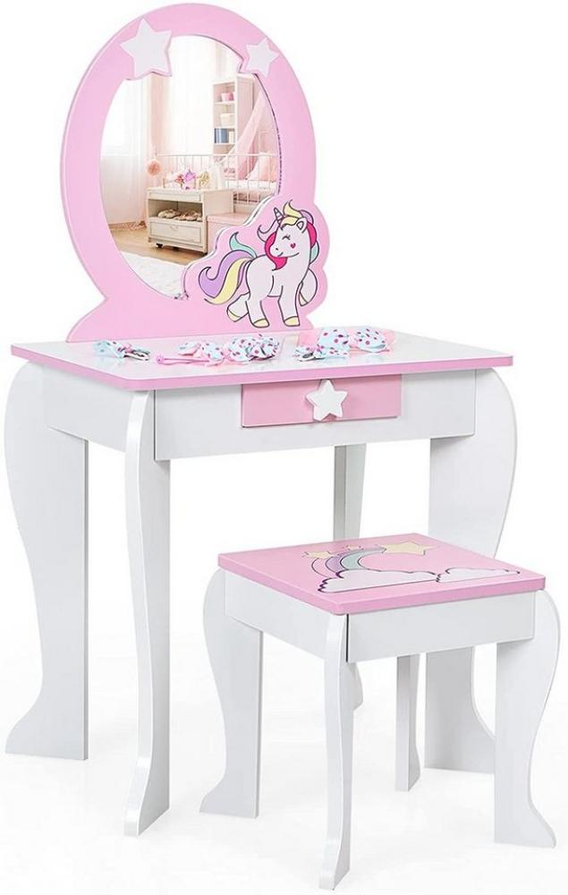 COSTWAY Kinder Schminktisch mit Hocker, Prinzessin Frisiertisch mit Schublade und Abnehmbarer Spiegel, Frisierkommode rosa, Schminkkommode für Mädchen von 3-7 Jahren (Weiß) Bild 1