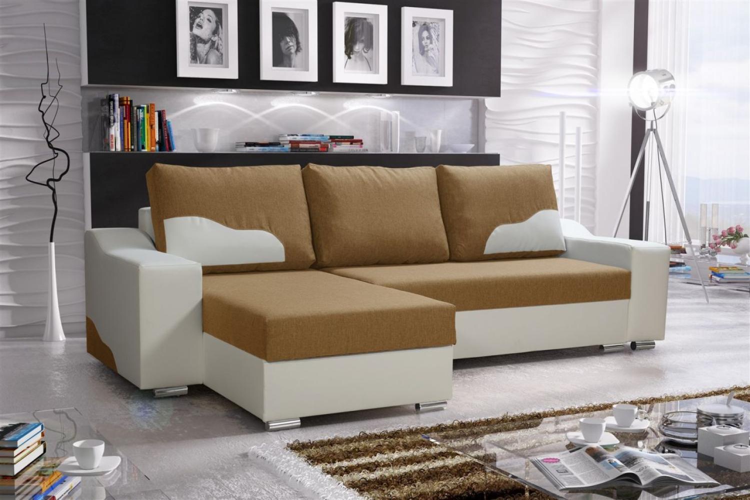 Ecksofa Sofa COLLIN mit Schlaffunktion Weiss/Cappuccino Ottomane Links Bild 1