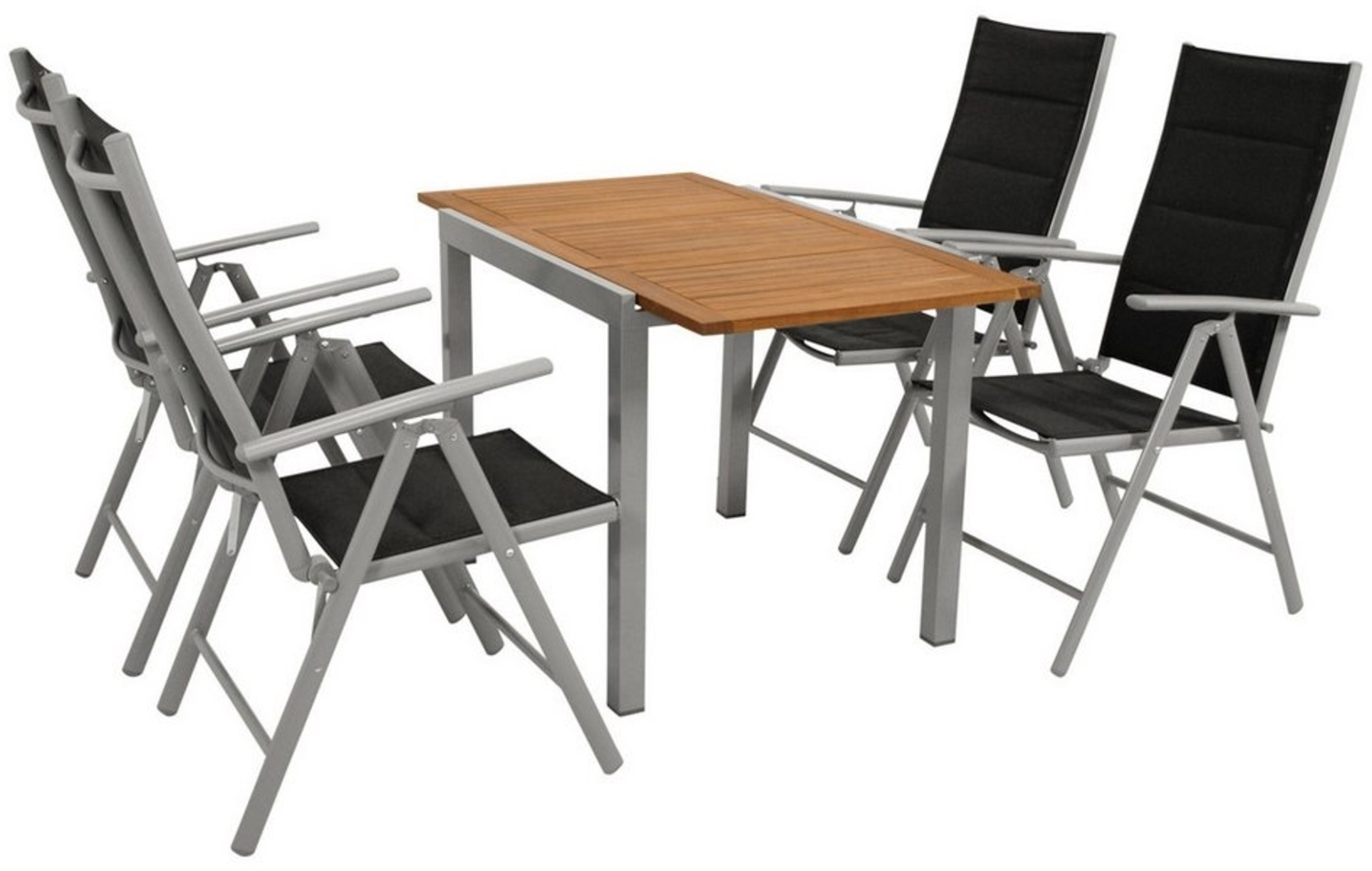 DEGAMO Garten-Essgruppe VAIL, (5-tlg, 4 Klappsessel, 1 Ausziehtisch), Aluminium silbergrau, Tischplatte Akazie, Sessel klappbar Bild 1