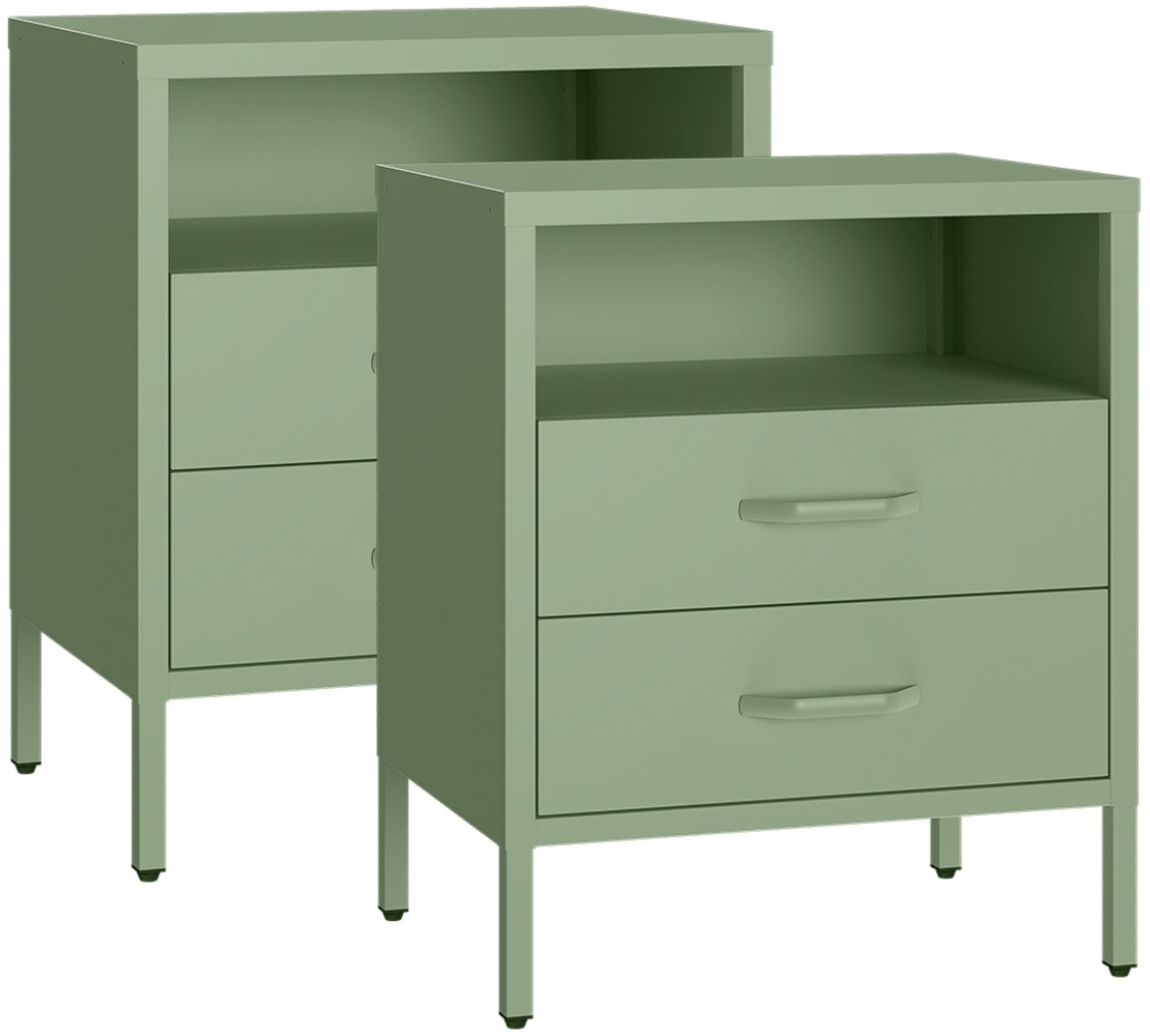 skølm 'Mizar' Nachttisch, Metall, grün, Beistelltisch mit 2 Schubladen und offenem Fach, 2er-Set Bild 1