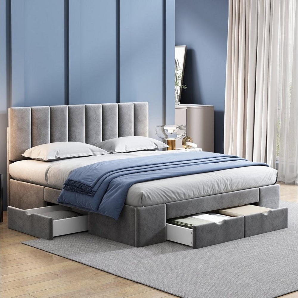 REDOM Polsterbett Doppelbett Jugendbett Bett Stauraumbett gepolsteres Bettgestell (Stahlrahmen mit Bettstauraum Holz-Lattenrost, Samt Bezug mIt 4 Schubladen 160x200 cm Ohne Matratze), mit weichem höhenverstellbarem Kopfteil und Polsterung aus Schaum Bild 1